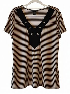 SUMMER SALE! Striped V-Neck Top with Eyelet Detail - Black & Tan